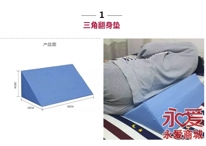 卧床翻身护理时背部放置三角枕,30°角侧卧位能有效缓解骨突出部位